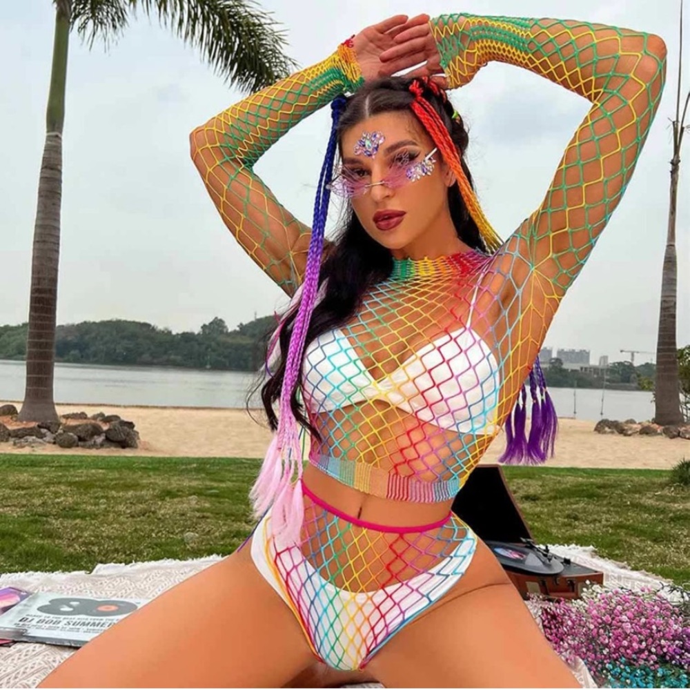 ❤️SOLD❤️ Rainbow Mesh Fishnet Rave Festival Top Booty Short Outfit Swim Cover - Picture 2 of 11